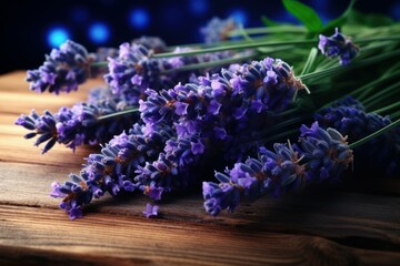 Fototapeta premium Therapeutic Lavender buds on board. Natural herb. Generate Ai