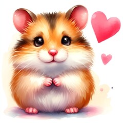 Fototapeta na wymiar Cute hamster with red heart shape watercolor paint for valentine's day holiday