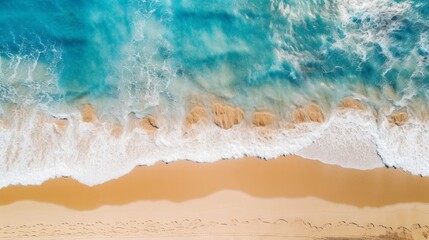 Aerial view of drone, top view beach and seawater on sandy beach in summer. Nature and travel concept.