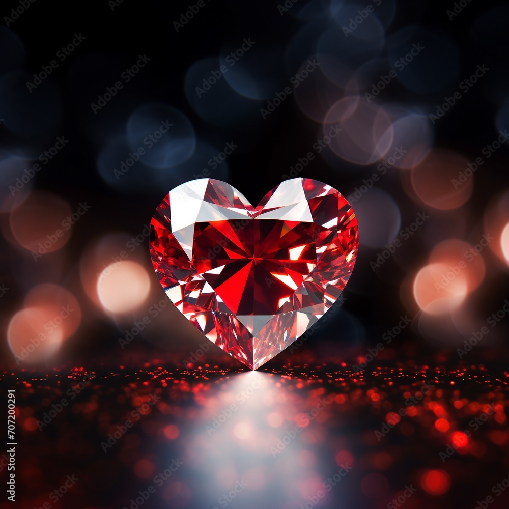 Poster shiny diamond heart on bokeh background. 3d rendering. ai.