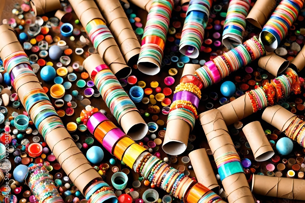 Poster a diy kaleidoscope made from cardboard tubes, mirrors, and colorful beads, creating mesmerizing patt
