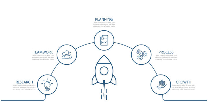 Infographic design template. Timeline concept with  5 options or steps template. layout, diagram, annual, rocket, start up, report, presentation.Vector illustration.