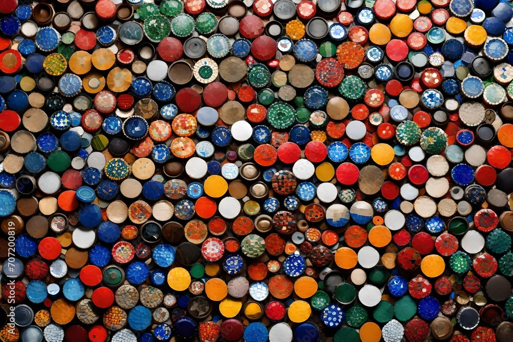 Poster A colorful mosaic made from recycled bottle caps arranged in a pattern.