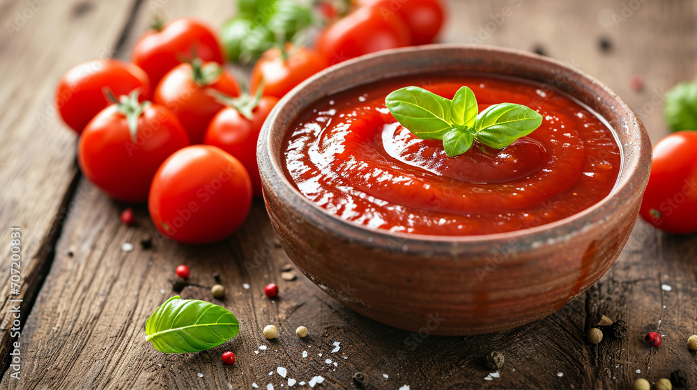 Wall mural close-up of homemade ketchup with tomatoes on a wooden table