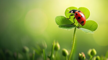A vibrant ladybug perched on a clover leaf against a fresh green background - obrazy, fototapety, plakaty