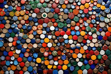 Fototapeta na wymiar A colorful mosaic made from recycled bottle caps arranged in a pattern.
