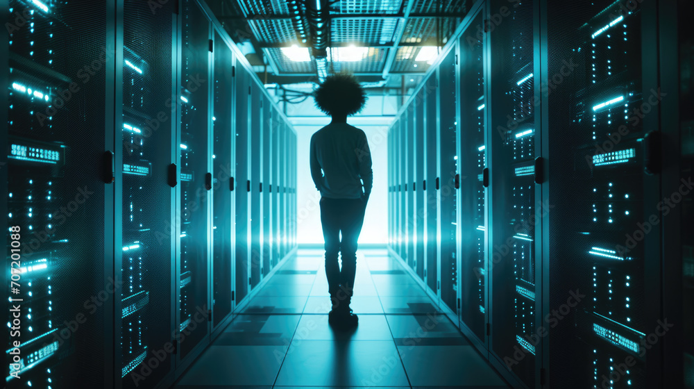 Poster silhouette of a person standing in the middle of a data center aisle, flanked by server racks with g