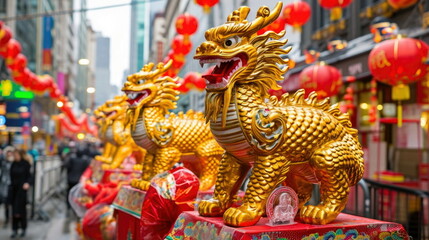 A large dragon sculpture in a parade with red lanterns and flags in a snowy city street, Chinese new year celebration