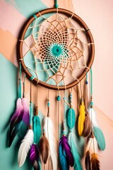 A handmade dream catcher crafted with colorful yarns and feathers, hanging gracefully against a pastel wall.