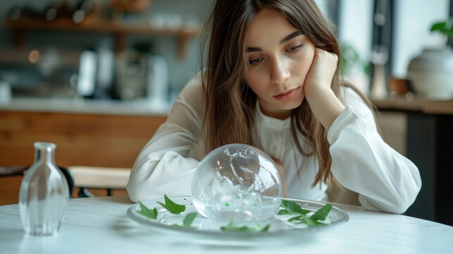 Young woman gazing at a water zero-calories dessert at the plate, extreme dieting and orthorexia