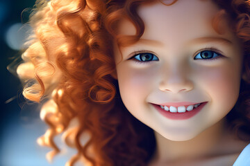 Foto profissional de criança menina ruiva sorrindo de perto generative AI - obrazy, fototapety, plakaty