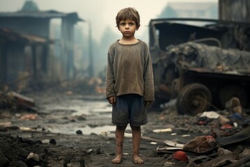 Curious Little boy standing in poor neighborhood. Sad child living in poverty on messy district. Generate ai - obrazy, fototapety, plakaty