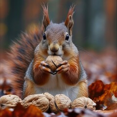 Naklejka na ściany i meble Funny squirrel with nuts