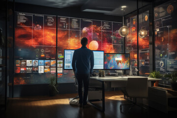 Futuristic Workspace with Multiple Screens Displaying Data Visualizations