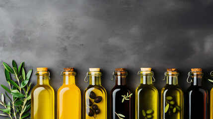 Olive oil in a bottle on a texture background - obrazy, fototapety, plakaty