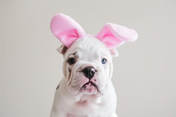 Adorable Bulldog Puppy with Pink Bunny Ears.
White bulldog puppy with a sweet expression wearing plush pink bunny ears.
