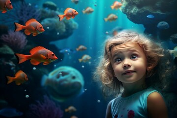 Obraz na płótnie Canvas Tranquil Little girl undersea world. Water leisure. Generate AI