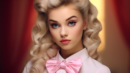 Close-up portrait of a beautiful blonde girl in Barbie style