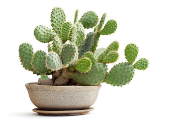 Opuntia cactus in pot isolated on white background. Sabres, fruits of Opuntia ficus-indica. Barbary fig, cactus pear, spineless cactus or prickly pear