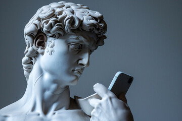 Michelangelo's David statue holding a smartphone. Ancient Greek sculpture, statue of hero chatting, scrolling social media. Doomscrolling, mental health concept. Bad habits, Consuming information