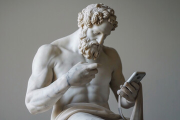 Ancient Greek god sculpture holding a smartphone. Statue of a hero scrolling social media. Doomscrolling, mental health, digital wellness concept. Bad habits, consuming information, reading news. - obrazy, fototapety, plakaty