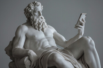 Ancient Greek god sculpture holding a smartphone. Statue of a hero scrolling social media....