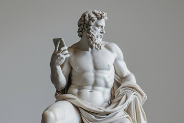 Ancient Greek god sculpture holding a smartphone. Statue of a hero scrolling social media. Doomscrolling, mental health, digital wellness, time loss concept. Bad habits, reading news.