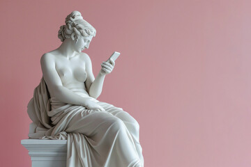 Ancient Greek goddess sculpture holding a smartphone. Female marble statue scrolling social media. Doomscrolling, mental health, digital wellness, time loss concept. Bad habits, reading news. - obrazy, fototapety, plakaty