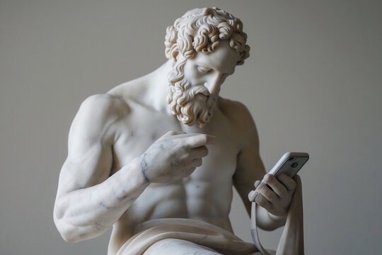 Naklejki Ancient Greek god sculpture holding a smartphone. Statue of a hero scrolling social media. Doomscrolling, mental health, digital wellness concept. Bad habits, consuming information, reading news.