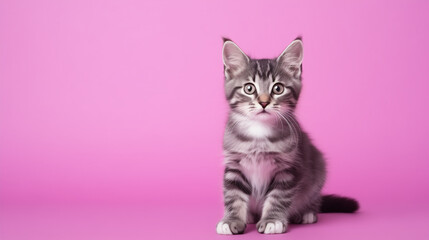 Stripy little kitten sits on pink backgdrop, look stare. Fluffy kitty looking at camera on magenta background, front view. Cute young grey cat sitting in front of colored background with copy space. 
