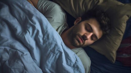 Attractive young man sleeping at night, male adult person lying in bed, dreaming on a comfortable pillow, tired guy resting, closed eyes, napping, dark room, covered with blue blanket