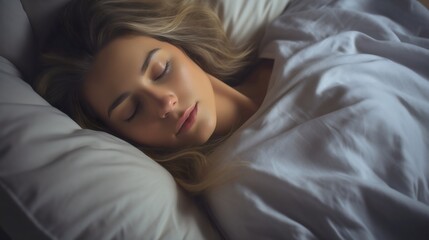 Beautiful young lady with brunette hair sleeping, covered with gray blanket. Female person or woman lying in bed, dreaming on a comfortable white pillow, pretty attractive girl resting, closed eyes