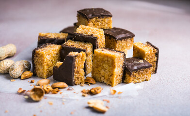 Various healthy granola bars (muesli or cereal bars). Set of energy, sport, breakfast and protein bars. Puffed rice, berries, chocolate, oatmeal, almond and honey cereal bars.