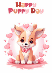 National Puppy Day Greeting Card. Cute cartoon dog with a sign Happy Puppy Day.