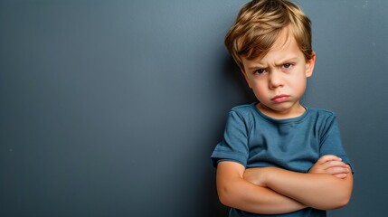 Mad male kid, angry little boy standing with his arms crossed, and looking at the camera with upset face expression. Unhappy toddler, studio shot, annoyed and frustrated child emotion - obrazy, fototapety, plakaty