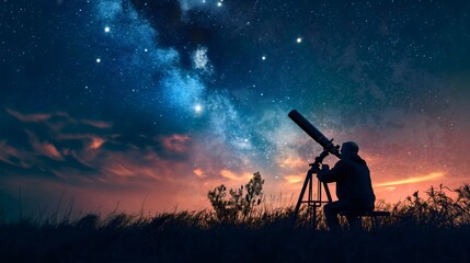 Silhouette of a man looking at the starry sky at night or evening through the optical telescope...