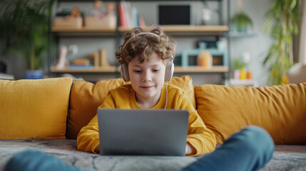 Online learning from child's home using laptop in living room