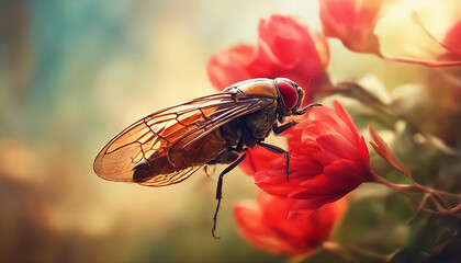 Cicada on a flower. A large cicada sits on a red flower. Evening time. Selective focus. AI generated - obrazy, fototapety, plakaty