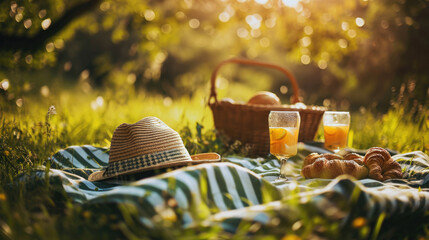 Picnic setup with a straw hat, a glass of orange juice, and fresh croissants on a blanket next to a wicker basket in a grassy park.
