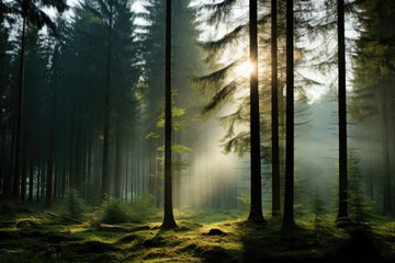 Mystical Forest with Sunlight Filtering Through Trees
