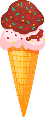 Colorful cartoon ice cream cone with pink and chocolate scoops and sprinkles. Delicious summer dessert, sweet treat vector illustration.