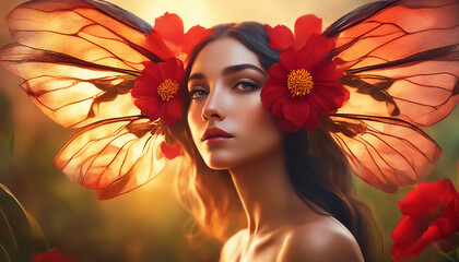 Naklejka premium Fantasy young woman with cicada wings behind her head. Selective focus. AI generated