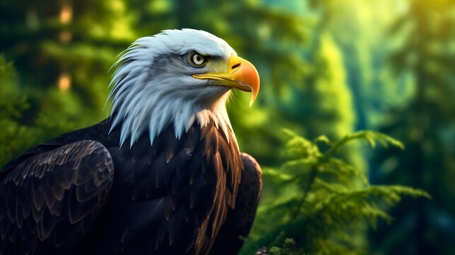 Close up photography of a beautiful bald eagle animal head in nature, green forest trees in the background blurred
