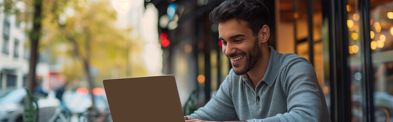 Obraz premium a person, male smiling, using laptop in cafe