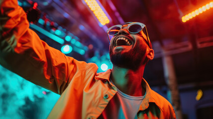 Obraz premium A man wearing sunglasses and dancing with his hands raised in the air.