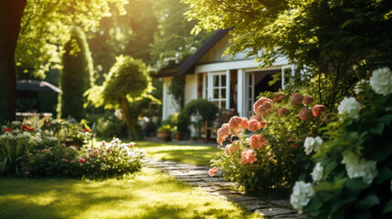 Idyllic cottage with lush flower garden in golden sunlight.
