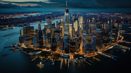 Aerial view of New York City skyline at night - obrazy, fototapety, plakaty