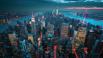 Aerial view of New York City skyline at night