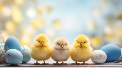 Two fluffy yellow chicks are standing among decorated eggs on a blue surface