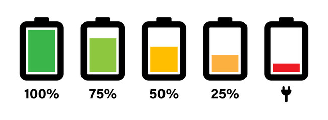 Charging battery icon set with 0,% 25%, 50%, 75%, 100% indicator in black and white. Vector battery power icon powerfully charged. Battery icon set 0% to  100% in colorful style. Vector illustration.